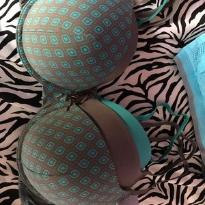 Three blue and gray bras